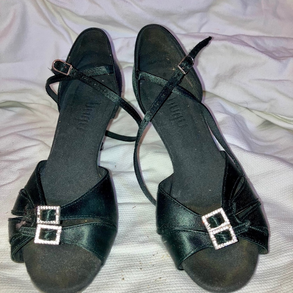 Burju Black Satin Dance Shoes – 7.5 Narrow, 3” Heel, Buckle Details
